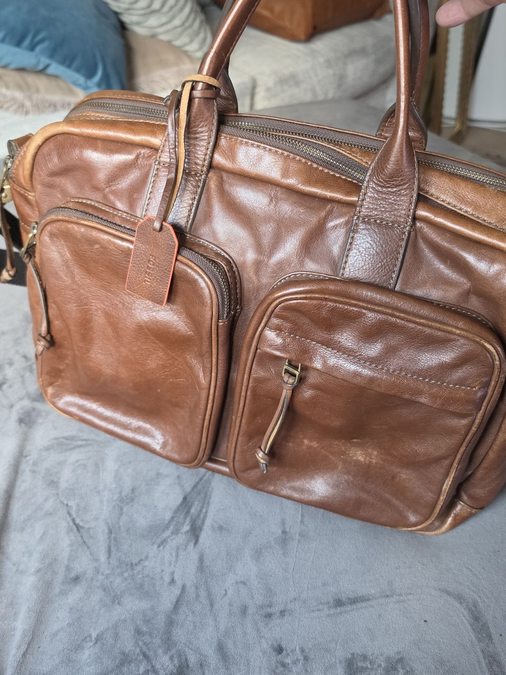 Fossil Cognac Brown Leather Briefcase with Front Pockets